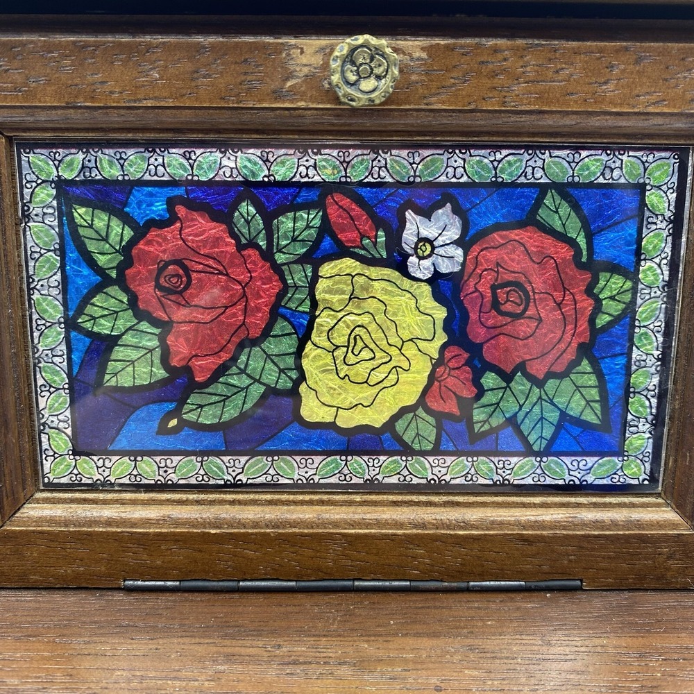 Vintage Wooden Jewelry Music Box, Made In Japan, Floral Roses Stained Glass Look - Picture 2 of 12